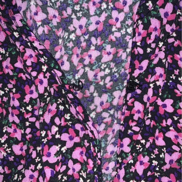 Zara Blouse Women 's Medium Black Pink Ruffle Asymmetrical Floral  Long Sleeve - Picture 11 of 11